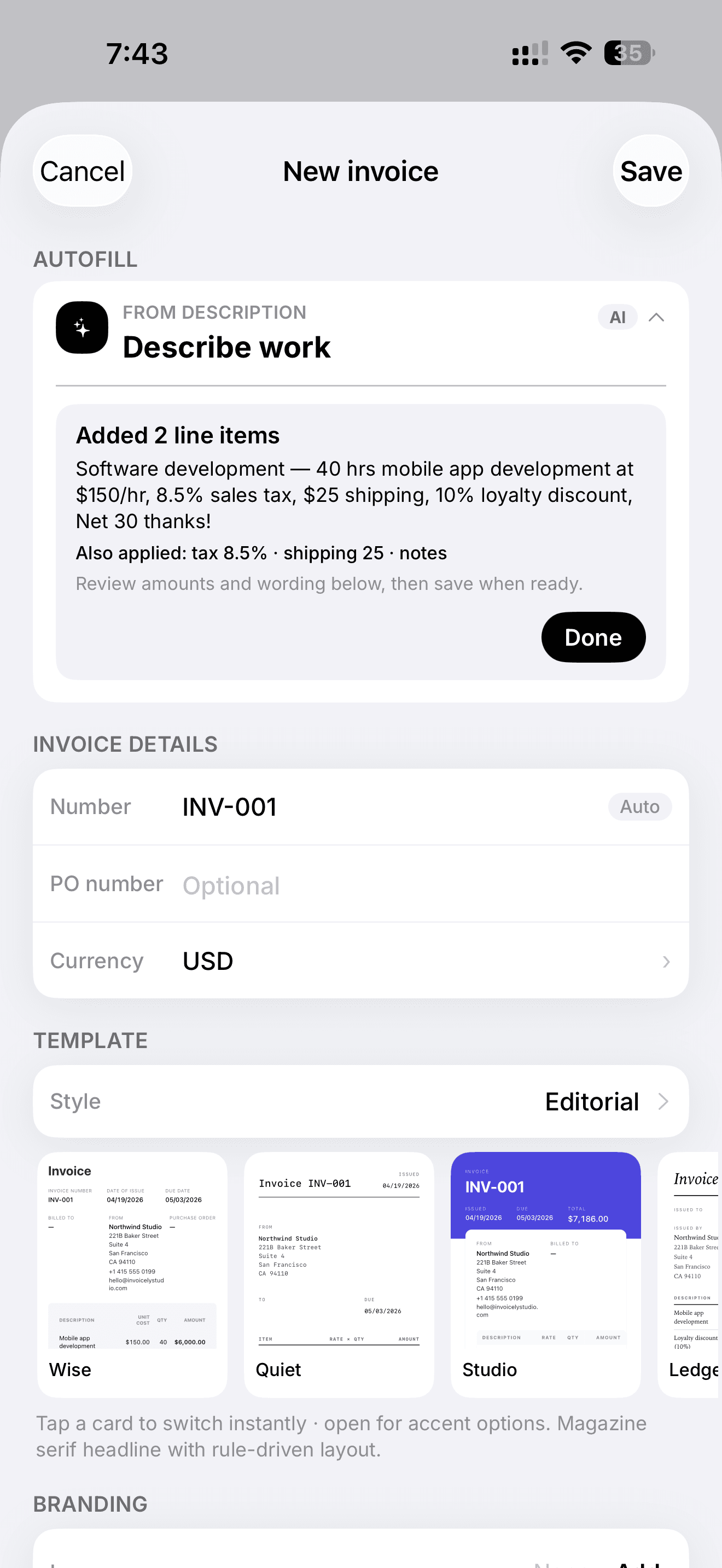 Invoice list in Invoicely